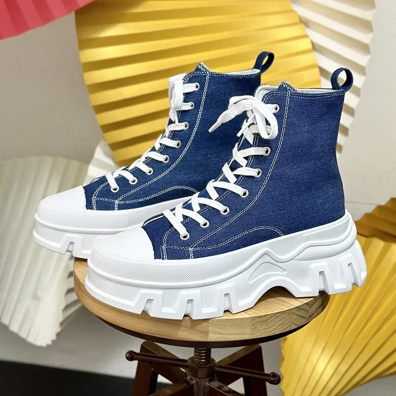 Unisex Canvas Round Toe Thick Sole Platform Chunky Heels Women Men Sneakers Lace Up Mixed Color New Fashion Western Casual Shoes 5