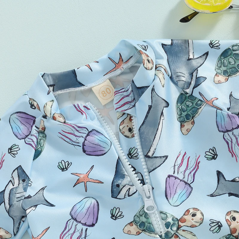 

Toddler Boys Swimsuit Sun Protection Long Sleeve Crewneck Ocean Animal Whale Print Zipper Swimwear