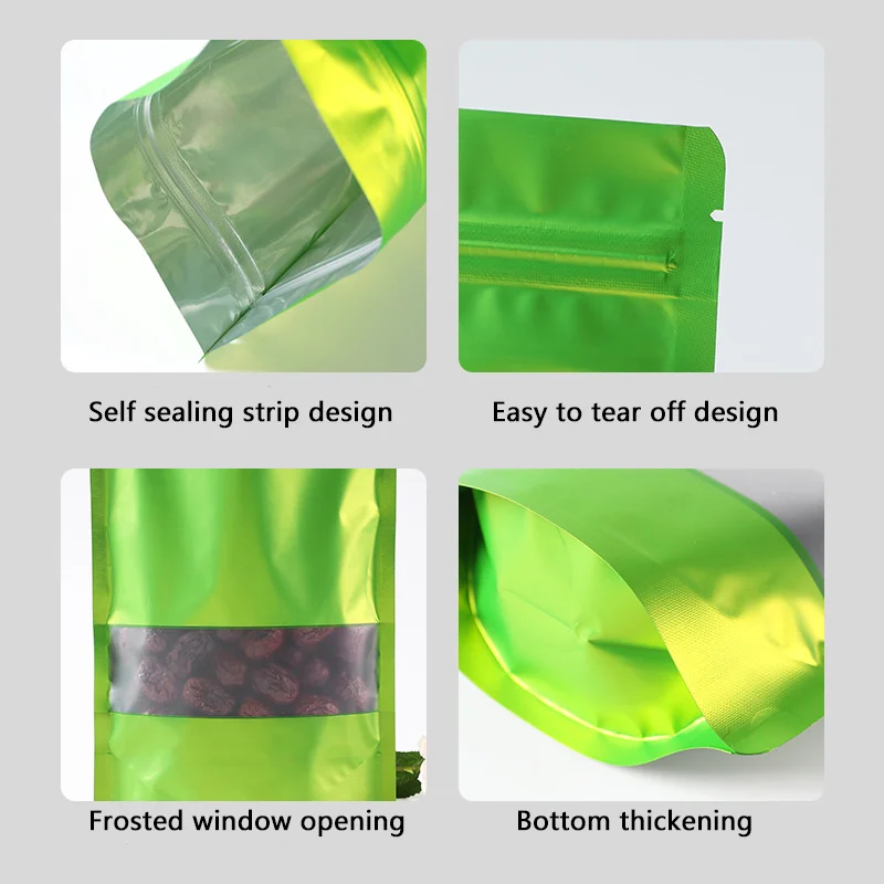 Self-Sealing aluminum foil bag resealable matte self-supporting food packaging bag with display window color printable food storage bag