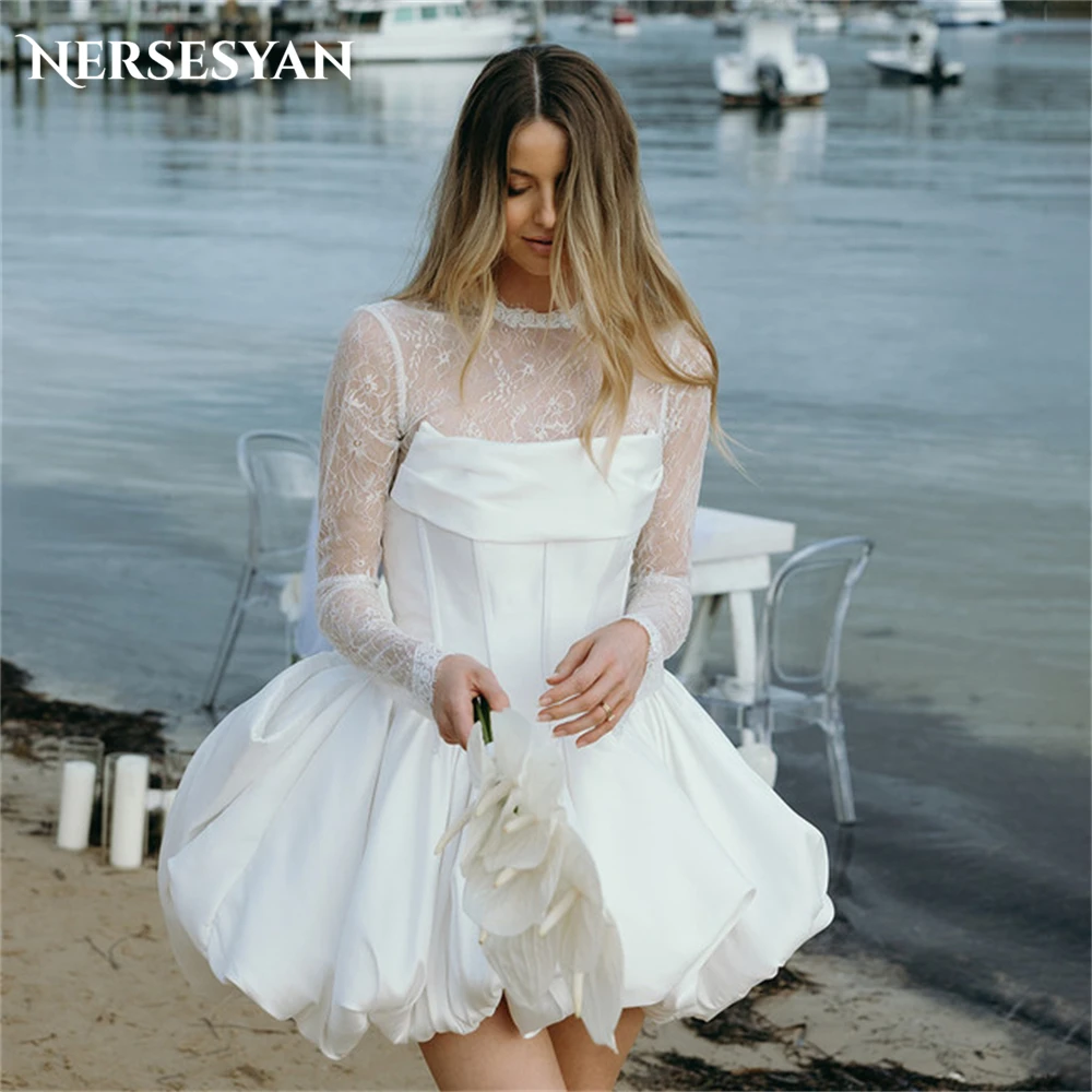 

Nersesyan Vintage Lace Solid Wedding Dresses High Neck A-Line Puffy Long Sleeves Bridal Gowns Backless Mini Pleats Bride Dress