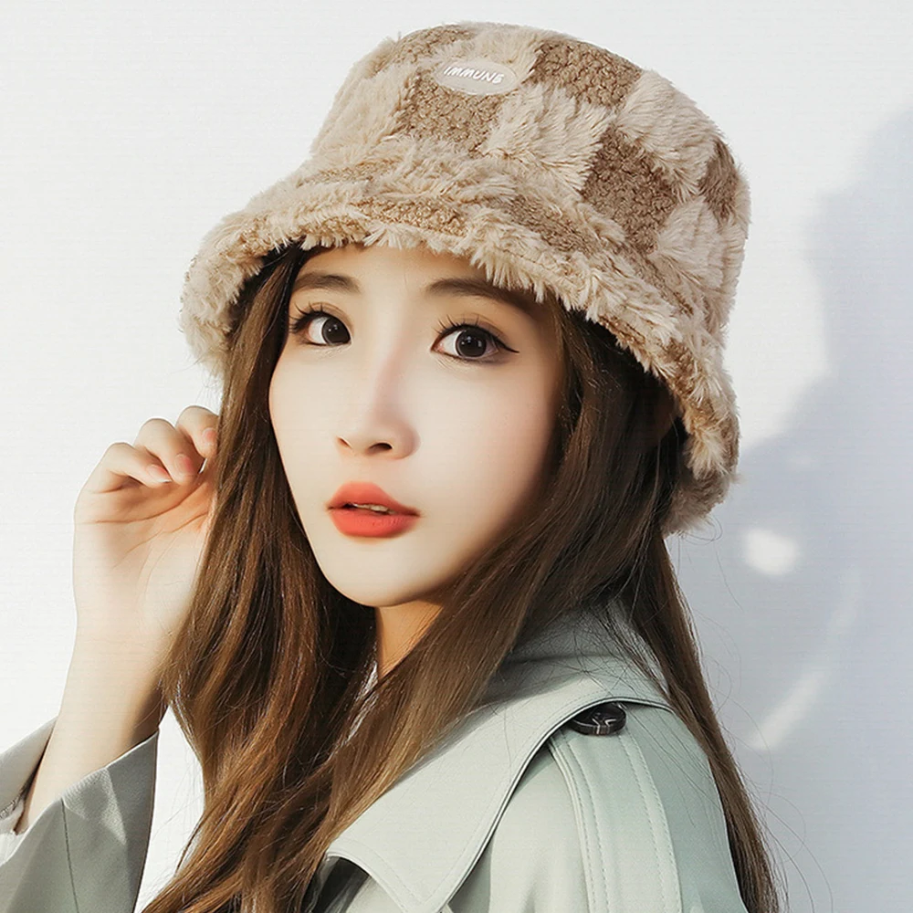 

Korean Plaid Plush Thicken Warm Bucket Hat For Women Girl Wide Brim Faux Fur Fishermen Panama Cap Outdoor Windproof Basin Cap