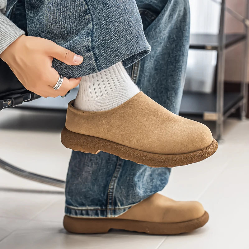 Slip on Flats Leisure Walk Half Drag Loafers Set Men's Suede Muller Protective Shoes with Comfortable Soft Sole Non Slip Sole