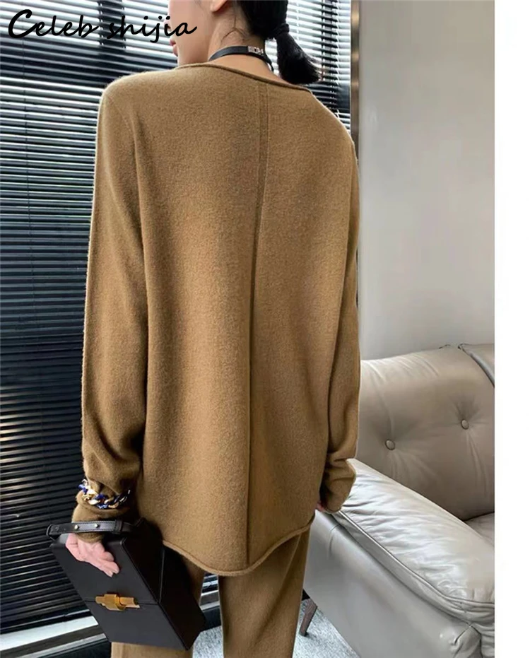 New Cashmere Pants Sets Woman Oversized Sweater and Elastic Waist Pants Autumn Winter Elegant Wool 2 Piece Sets Female OL