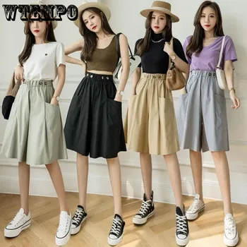 WTEMPO-반바지 여성 여름 단색 캐주얼 멋진 허리 스트레이트 반바지 여성 패션 느슨한 바이커 반바지 여성의 여름 어디에나 잘 어울리는 와이드 팬츠, 여성의 복고적이고 우아한 단색 캐주얼 바지, 다양한 스타일의 패션 의류, 무료배송의 경제적이고 저렴한 길거리 의류, 도매와 직송 서비스를 제공합니다