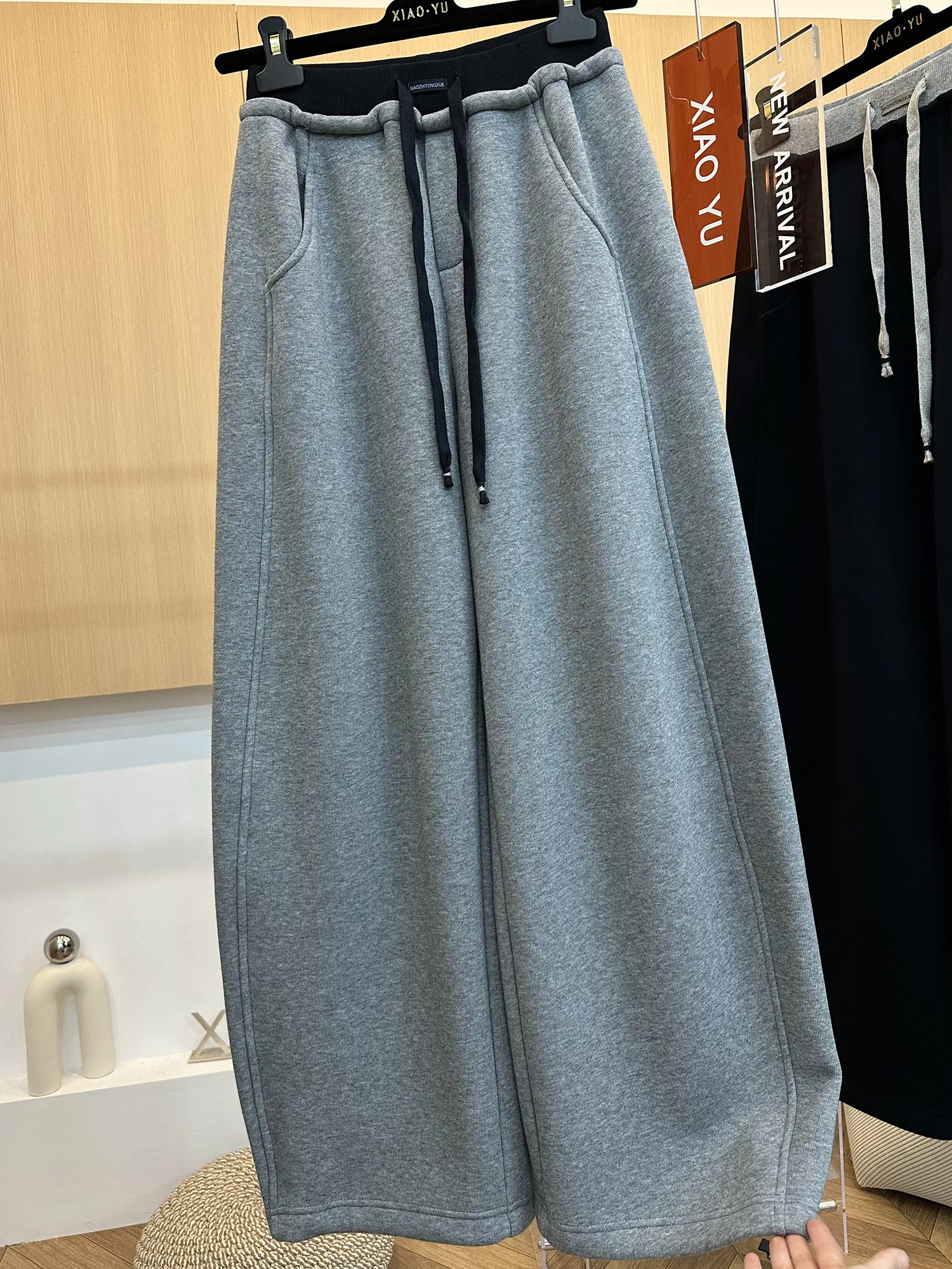 بنطلون نسائي واسع الساق بخصر مرتفع ورباط، تصميم مرقع مع حافة منحنية، مناسب للربيع والخريف، بنطلون رياضي كاجوال