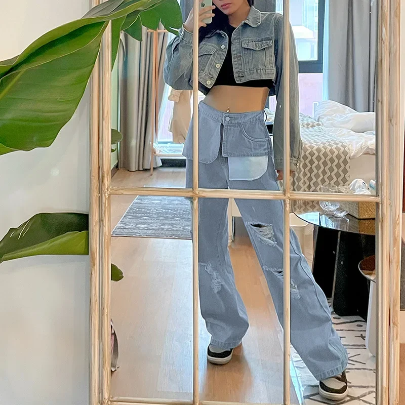 Y2K Harajuku Letter Ripped Trousers Ladies High Waist Solid Color Loose Straight Jeans Pocket Hip-hop Casual Trousers Streetwear