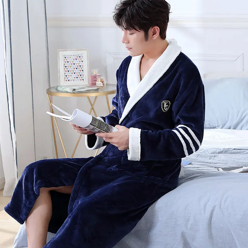 남성용 플란넬 목욕 가운, 두꺼운 목욕 가운, 테리 긴 소매 단색 수면 가운, 여성 잠옷, 기모노 라운지, 3XL
