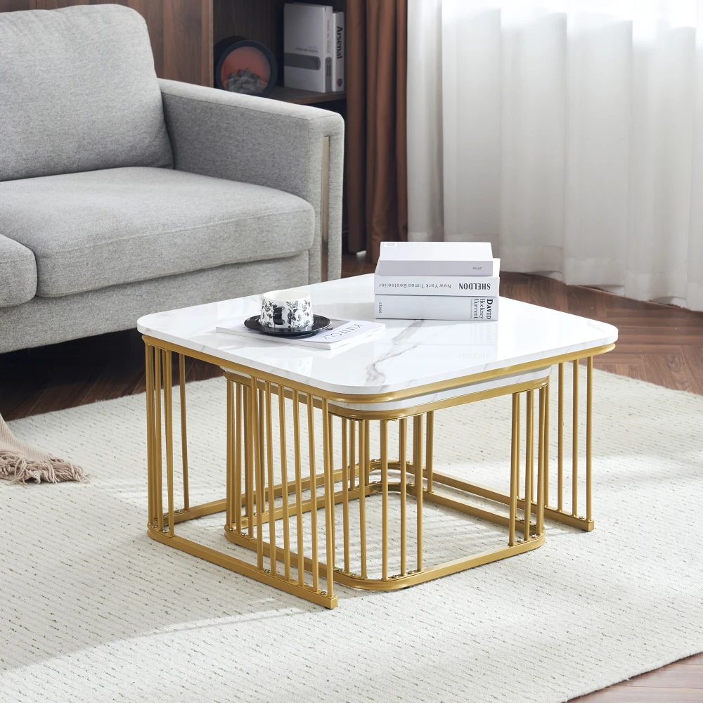 2 Sets quadratische Couchtische mit Hochglanzmarmoroptik, Schiebetische mit goldenen Beinen, 70 x 70 x 45 cm und 50 x 50 x 36,5 cm, vielseitig einsetzbar – Detail 16