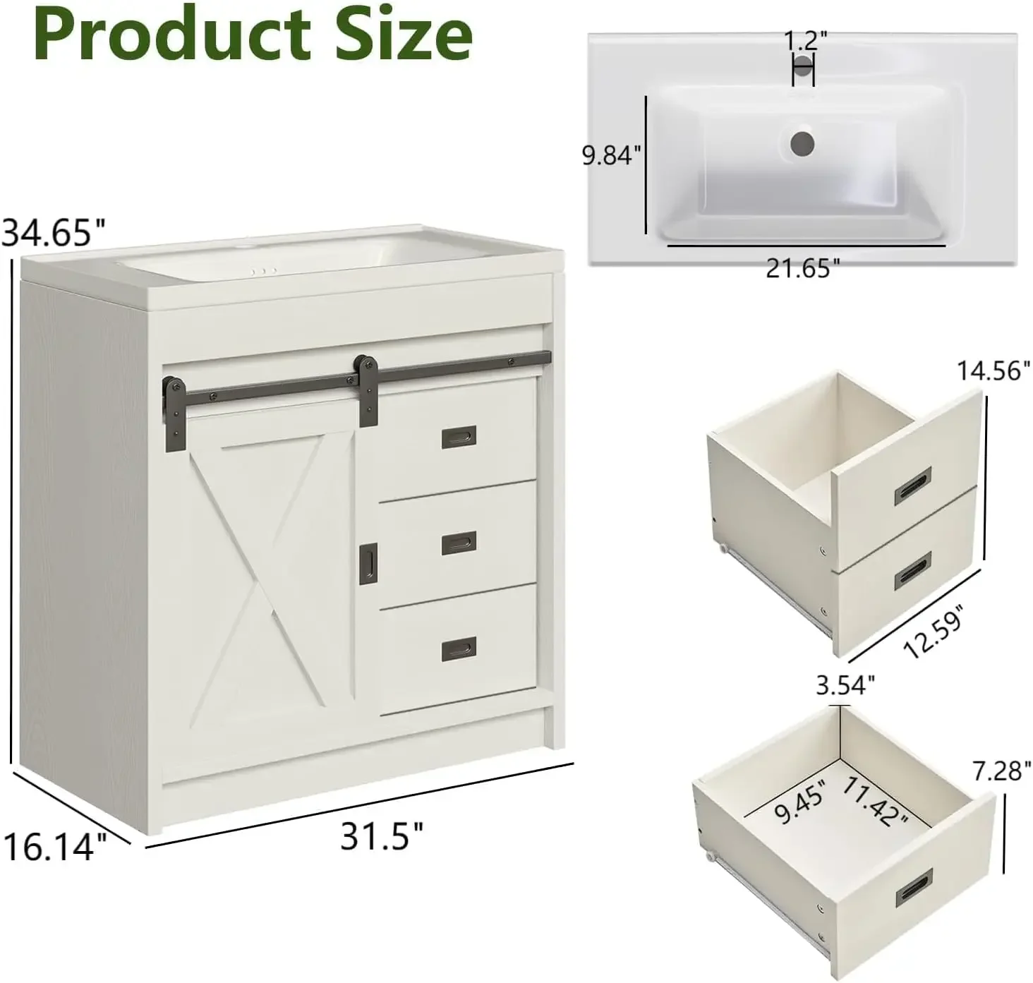 Farmhouse Bathroom Vanity with Sink Combo, 31" Bathroom Sink Cabinet with Drawers & Sliding Barn Door, Bathroom Vanity Cabinet 2