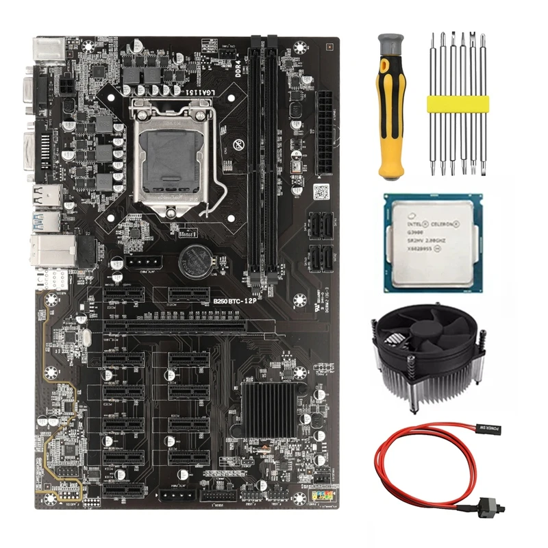 B250 BTC Mining Motherboard G3900 CPU+Fan+Switch Cable+Screwdriver 12 PCIE Graphics Card Slot LGA1151 DDR4 DIMM SATA3.0 motherboards computer