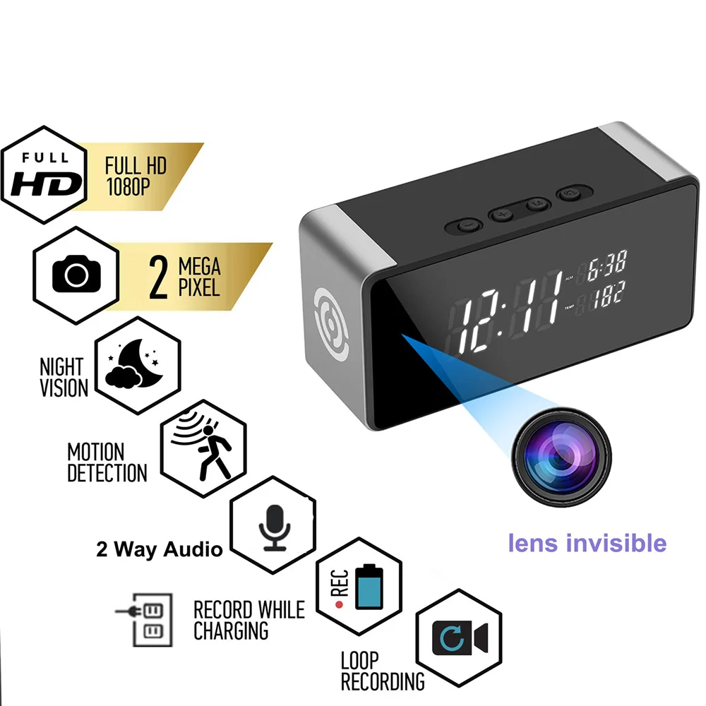 HD 1080P Alarm Clock Mini Camera Wifi Remote Monitoring Night Vision