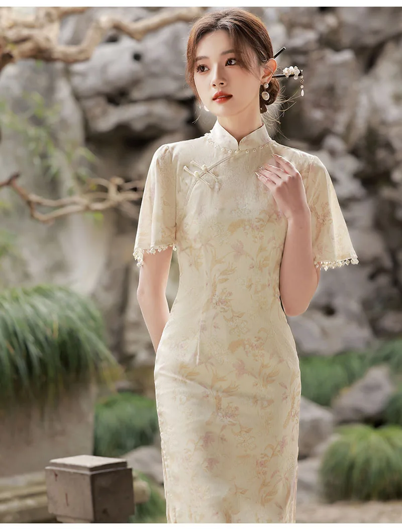 2023 Spring Traditional Cheongsam Short Sleeve Soft Vintage Dress Slim Party Wedding Costumes Elegant Long Qipao S To XXL