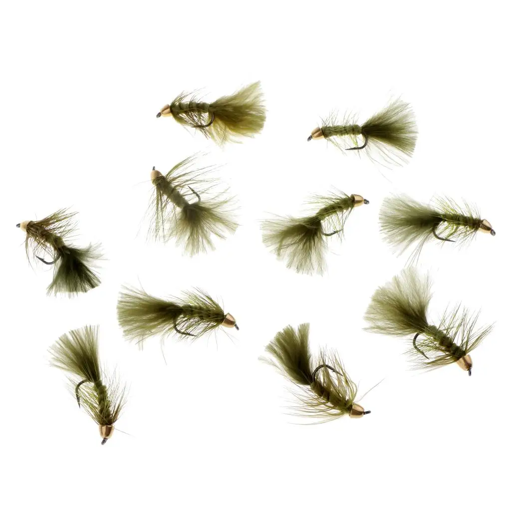10pcs 1.8'' Olive Wooly Bugger Flies Bead Head Nymph Flies Insects Wet Flies with Artificial Feathers and Barbed Single Hook