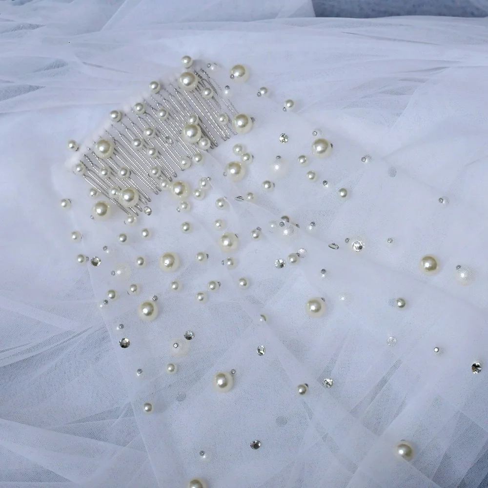 Ivory Bridal Veils with Pearls Beads Wedding Veil One Layers In Stock 1