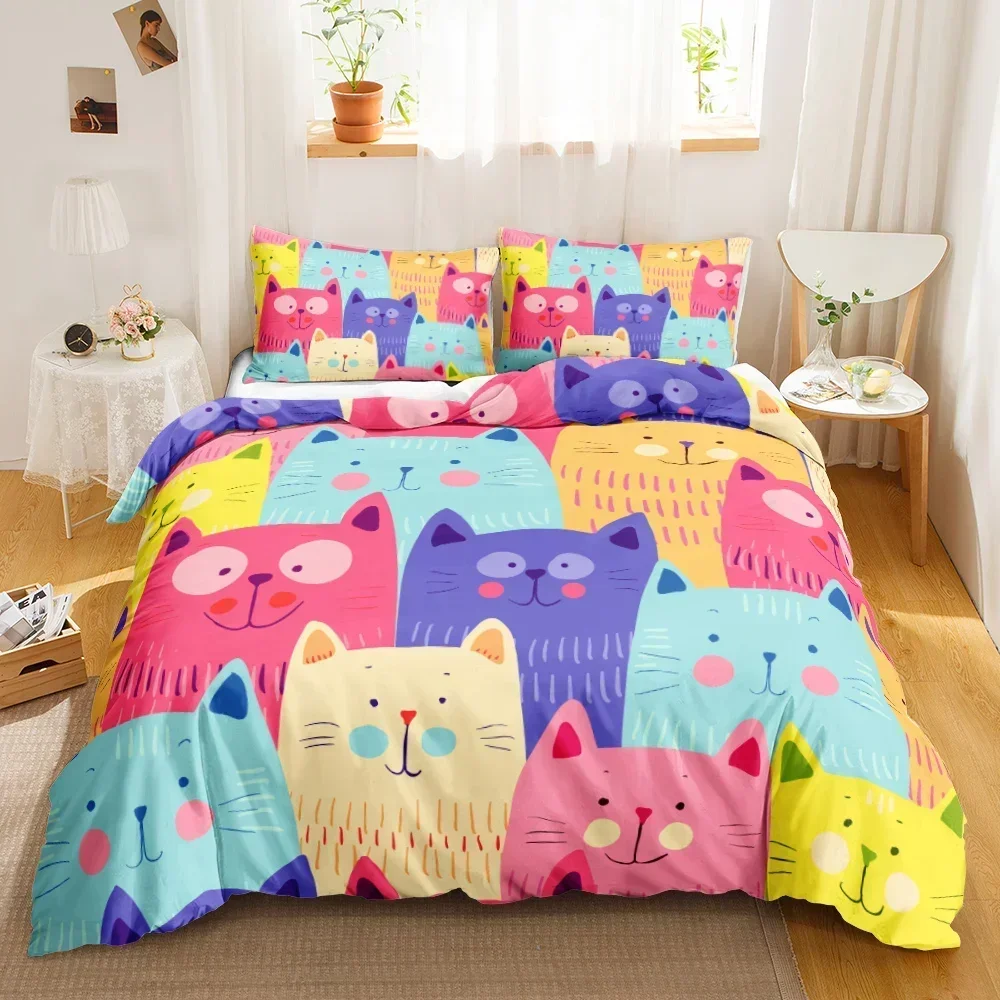 Cute Cat Single-sided Printed Bedding Set ,Comforter Cartoon Duvet Bedding Cover Pillows Comfortable Bedspreads Bedding Set
