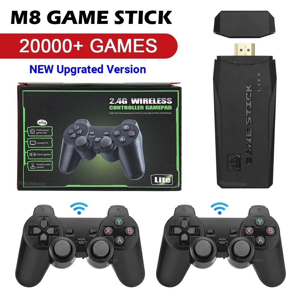 M8 Game Stick 4K TV Video Game Console Built-in 20000+ Games 2.4G Dual Wireless Handle 64GB 3D Games for PS1 SFC video game console game console video game stick