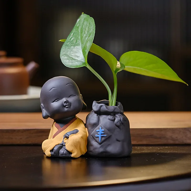 Fortune Lucky Little Monk Purple Clay Tea Pet & Mini Vase 6