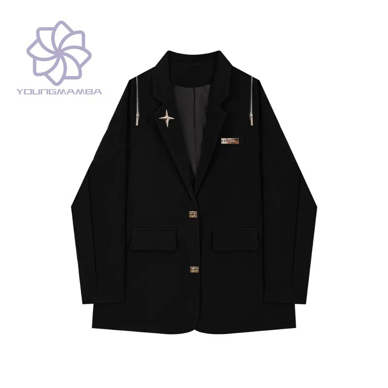 

High Street Black Suit Coat Women's Spring Autumn Solid Casual Design Jackets Trend Long Sleeve Loose Blazers