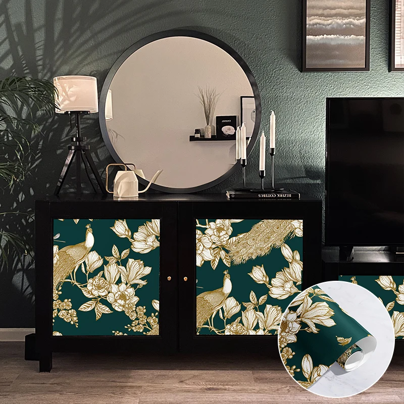Retro Green Gold Flower Print Wallpaper Watercolor Kitchen Cabinet Decorative Sticker Vintage Furniture Self Adhesive Wallpaper