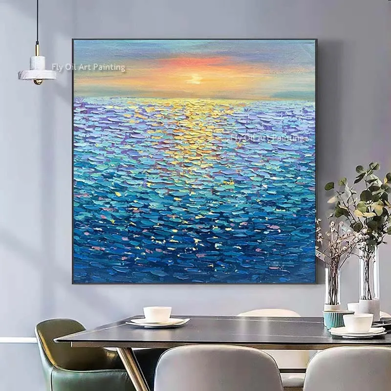 

Large Abstract Sea Wave Blue Oil Painting Hand Painted Original Ocean View Orange Yellow Sunset Canvas Artwork For Room Decor
