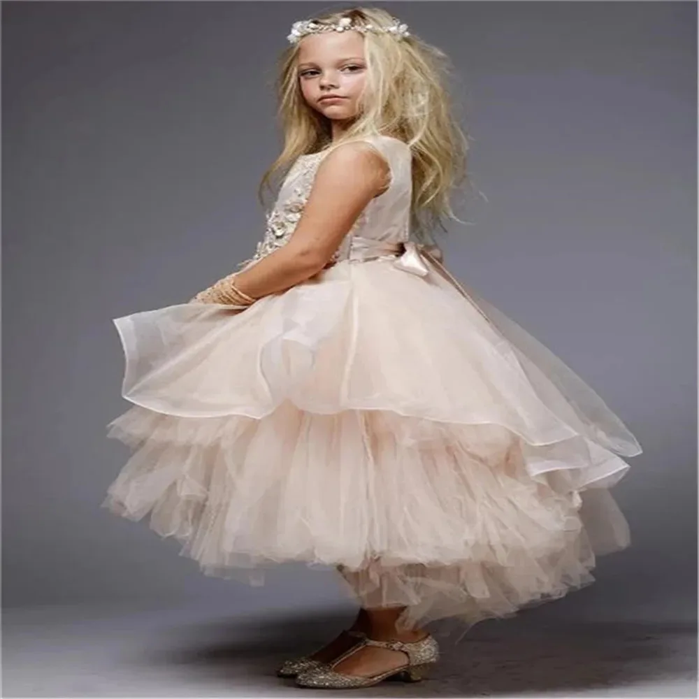 

Lace Flower Girl Dresses Tulle Full Sleeve Puffy For Weddings Kids Birthday Party Pageant First Communion Ball Gowns