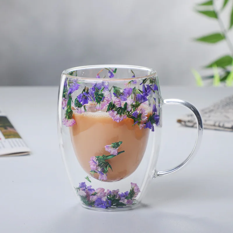 YWDL Double Wall Glass Coffee Mugs Double Insulated Glass Cup 350ml Flower Design For Girl Gift Christmas Present