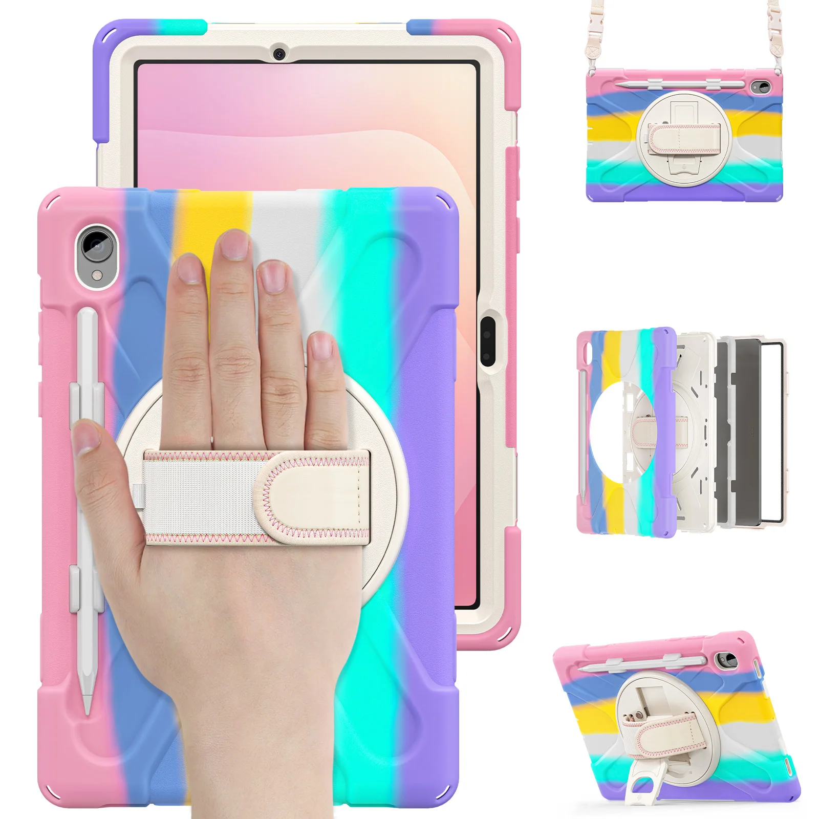 Foldable 360° Rotating Tablet Stand Case with Shoulder Strap and Pen Holder