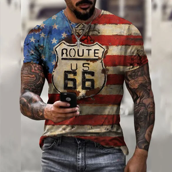 2022 Summer New Men's Retro T-Shirts US Route 66 Letter Print Short Sleeve Oversized Loose Clothes Crew Neck Top Streetwear 6xl S1078