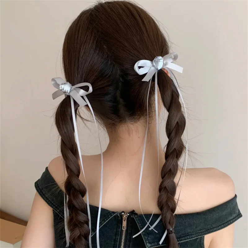 Haargummi für Damen, süßer Ballett-Stil, silberne Blumenschleife, Streamer-Haarspange, doppelte Pferdeschwanz-Kopfbedeckung, kleiner Clip, Haar-Accessoires