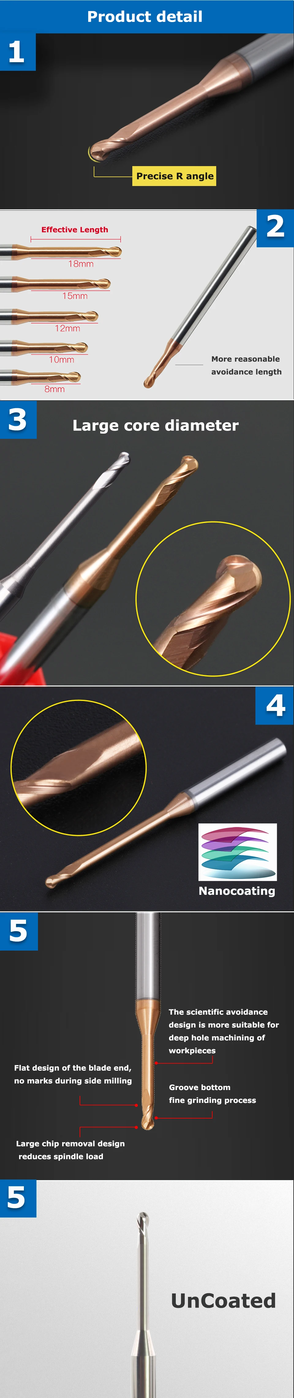 YZH HRC60 Rillenkugelfräser mit Mikrodurchmesser, CNC, langer Hals, lange Ausfallweite R0.1 R0.15 R0.2 R0.3 R0.4 R0.5 R0.75 R1 R1.5 – Detail 6