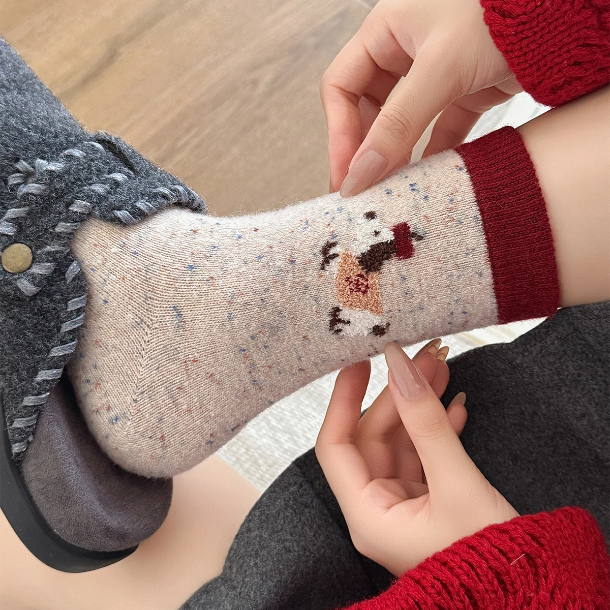 Qisin 1Pairs Lange Socken Frauen Mode Winter Kalt Widerstand Warm Halten Wolle Socke Dicke Geomeric Muster Koreanische Luxus socken – Detail 14