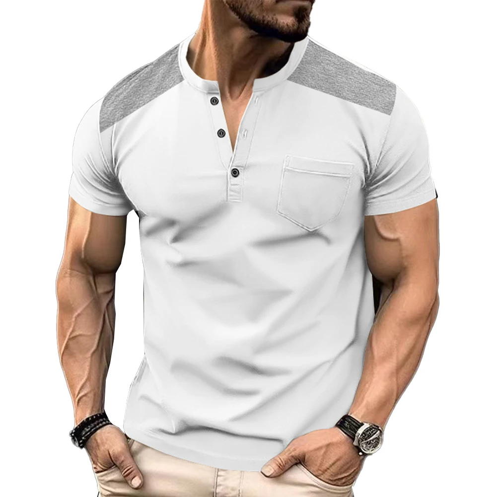 Mens T-shirt Sports Gym Muscle Fitness Short Sleeve Buttons V-neck Blouse Tops