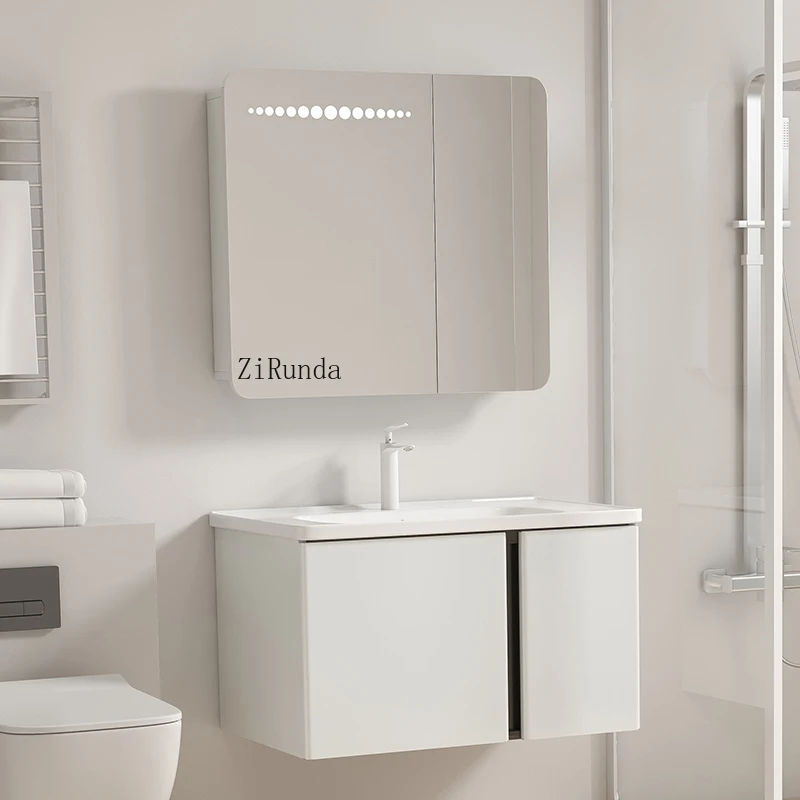 Milk white bathroom cabinet combination stainless steel arc induction lighting ceramic basin
