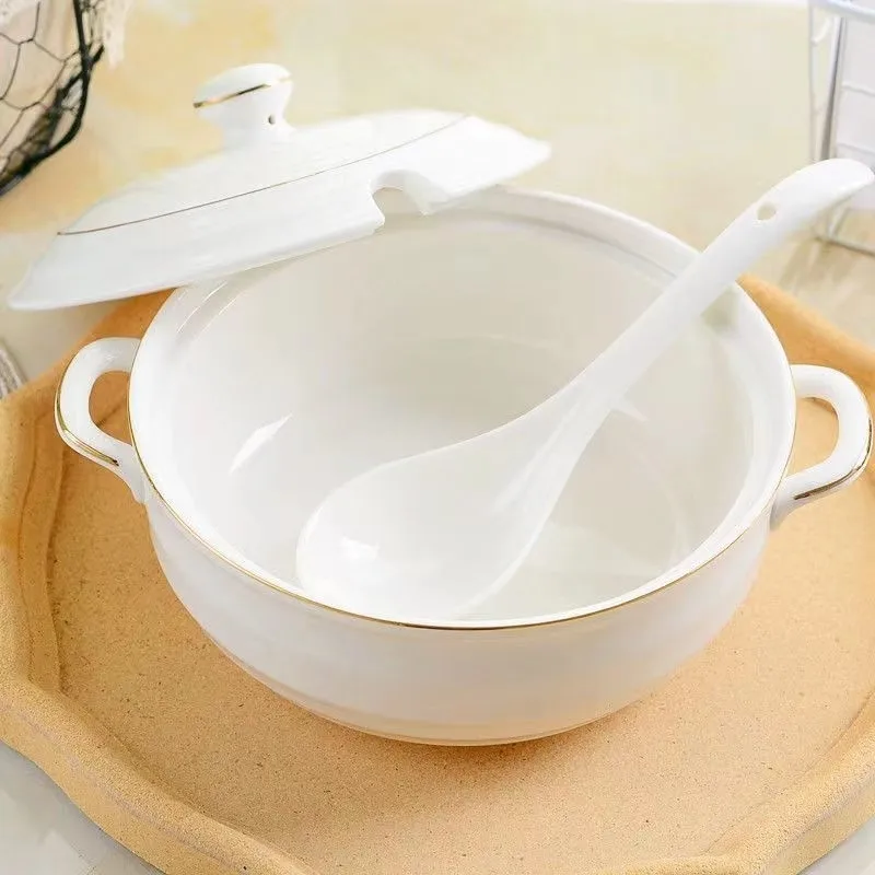 Ceramic Soup Pot Nordic Phnom Penh White Round 1.4L Large Bowl with Lid Cooking Utensils Household Kitchen Supplies Tableware