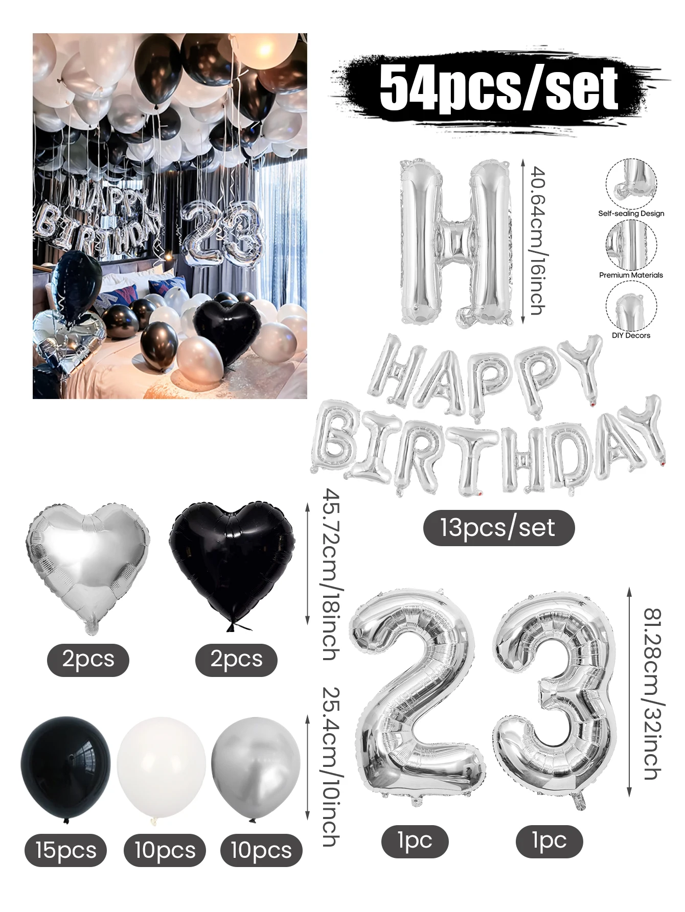 16-Zoll-Ballonset „Happy Birthday“ in Schwarz, Silber und Weiß, geeignet für die Szenendekoration „Happy Birthday Party“, Neujahrsparty – Detail 2