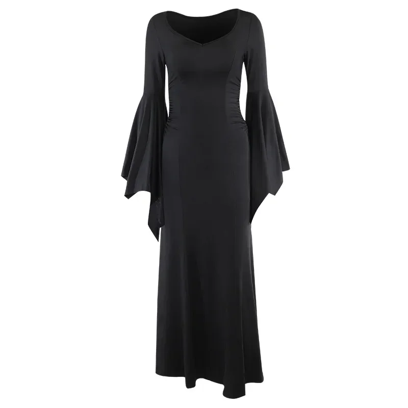 Halloween Costume Women Batwing Sleeve Floor Dress Black Gothic Evil Terror Maxi Mistress Morticia Addam Family Outfit For Adult 6