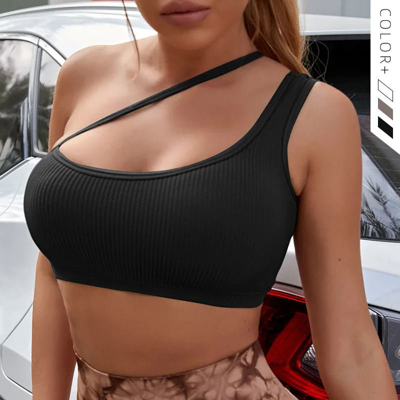 

Women Shockproof Yoga Bra Slanted Straps Underwear Summer Slim Camisole Sports Undershirt Sexy Crop Tank Top Sleeveless T-shirt