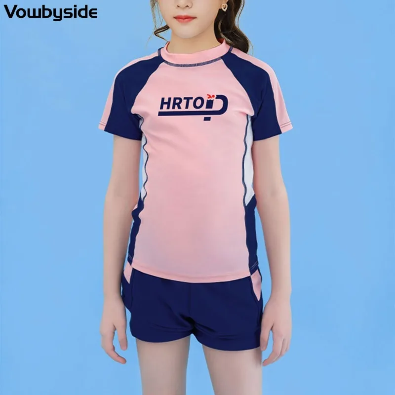 8-14Y Children's Swimsuit Girls Two-Piece Wetsuit Short Sleeved Children's Beach Wear Quick-drying Swimwear