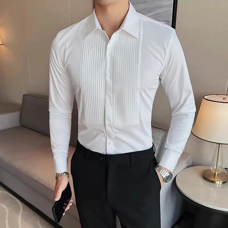 Black/White High Quality Long Sleeve Shirts For Men Fashion Pleated Design Slim Fit Tuxedo Formal Business Groom Wedding Blouses