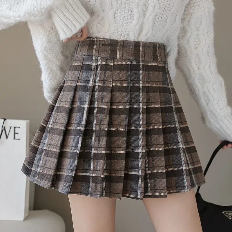 Y2k Korean Fashion Wool Plaid Skirt Harajuku All-match A-Line High Waist School Pleated Skirt Preppy Sweet Kawaii Mini Skirts trend brand wool knitted fashion fringe striped design winter casual warm scarf unisex preppy style everyday couples neckerchief