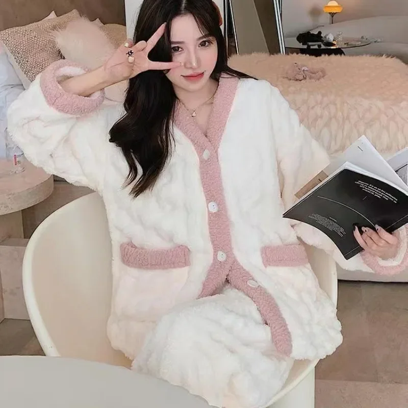 2024 New Coral Velvet Pajamas Women Autumn Winter Long-sleeved Loungewear Bow Jacquard Thickened Warm Homewear Two-piece Suit