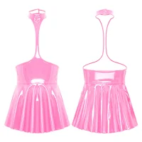 Womens Open Chest Halter Ruffled Latex Dress Wet Look Patent Leather Sleeveless Backless Dresses Lingerie Nightwear Clubwear - Pink, 3XL