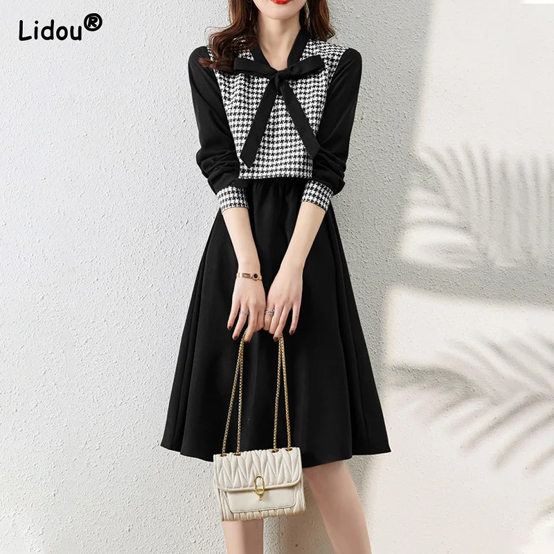 

Office Lady Bird Lattice Bow Spliced Slender Knee-length Dresses Spring Summer Empire Patchwork Pullover Youth Women's Clothing