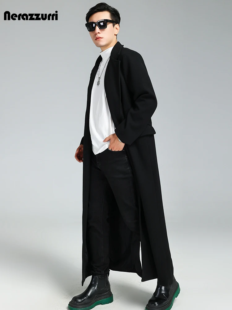 Nerazzurri Autumn Winter Extra Long Soft Black Warm Woolen Coat for Men Loose Casual Korean Fashion 2023 Wool & blends Overcoat 2