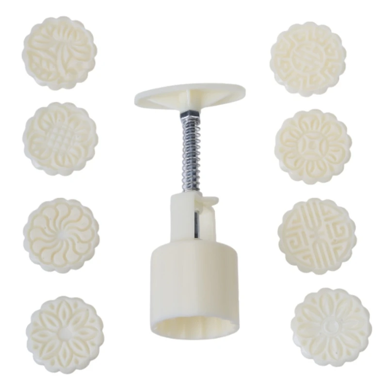 

50g Mooncake Barrel Mold with 8pcs Flower Stamps Hand Press Moon Cake Pastry Mould DIY Bakeware