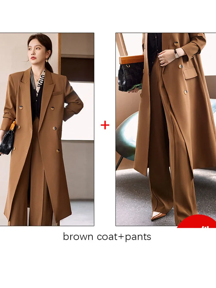 Tesco Grey Long Blazer Women 2 Piece Sets Trench Coat Suit Collar Double Breasted Wide Leg Pants Solid Color Winter Clothes