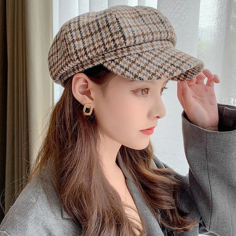 Autumn Winter Women's Wool Hat Beret Plain Octagonal Newsboy Cap