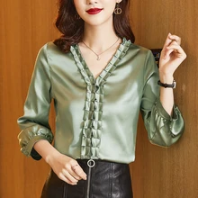 

Women Shirt Chiffon Blouse for Women Long Sleeve Pullover Shirt Solid V-neck Satin Blouse 2022 Spring Back To Basics Woman Shirt