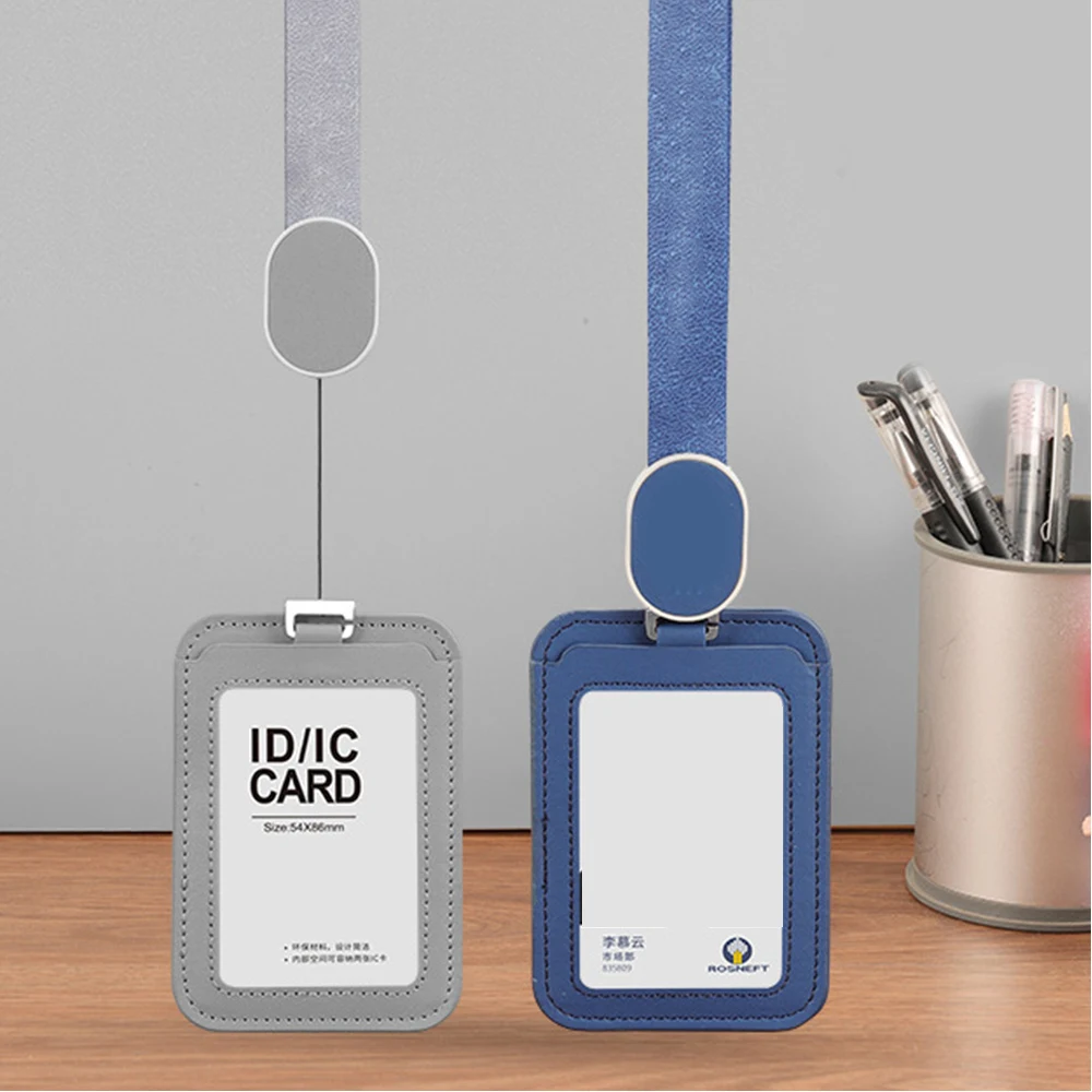 

1Set Name Badge With Retractable Lanyard PU Leather Creative Neck Badge Holder Both Horizontal And Vertical ID Card Holder