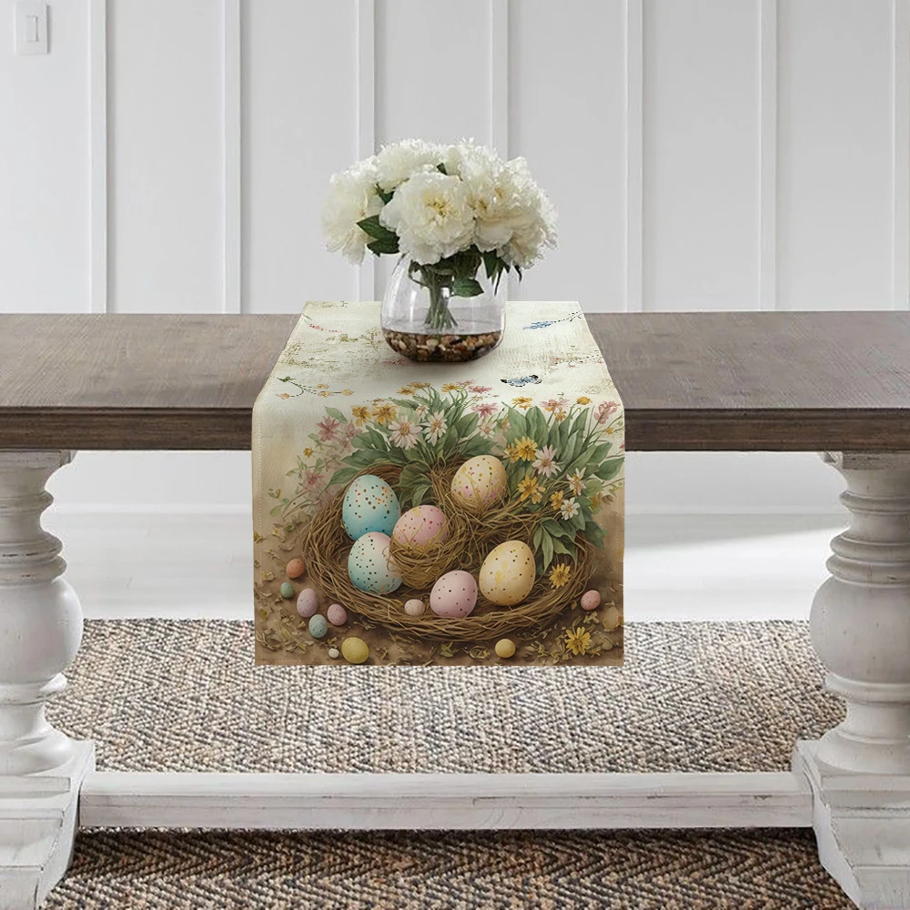 1pc Oil Painting Easter Table Runner Spring Oil Painting Watercolor Retro Bunny Egg Flower Tabletop Decor Party Cabinets Decor 3